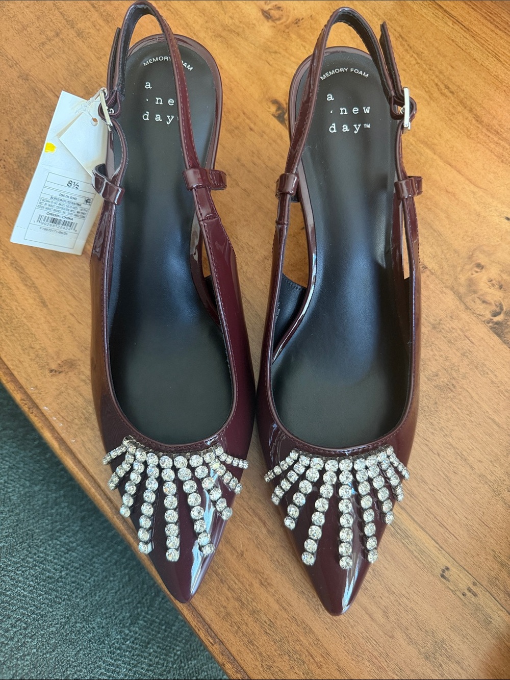 a new day Burgundy Patent Pointed Slingback Flats with Crystal Fringe 8.5